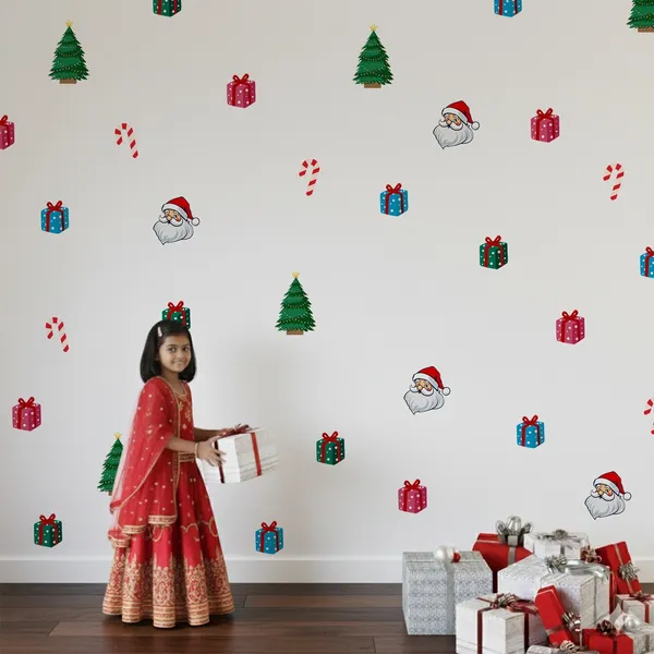 StickMe_Christmas_Trees,_Santa,_Gifts_Pattern_Wall_Sticker_Home_Decor_Decals_|_Minimal_Festive_D�cor_|_Premium_Large_|_Set_of_63_Stickers_|_Apt_for_10_x_10_ft_wall