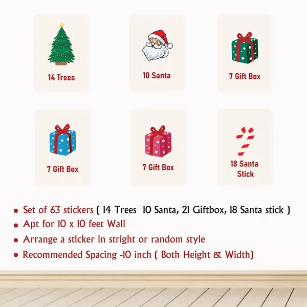 StickMe_Christmas_Trees,_Santa,_Gifts_Pattern_Wall_Sticker_Home_Decor_Decals_|_Minimal_Festive_D�cor_|_Premium_Large_|_Set_of_63_Stickers_|_Apt_for_10_x_10_ft_wall