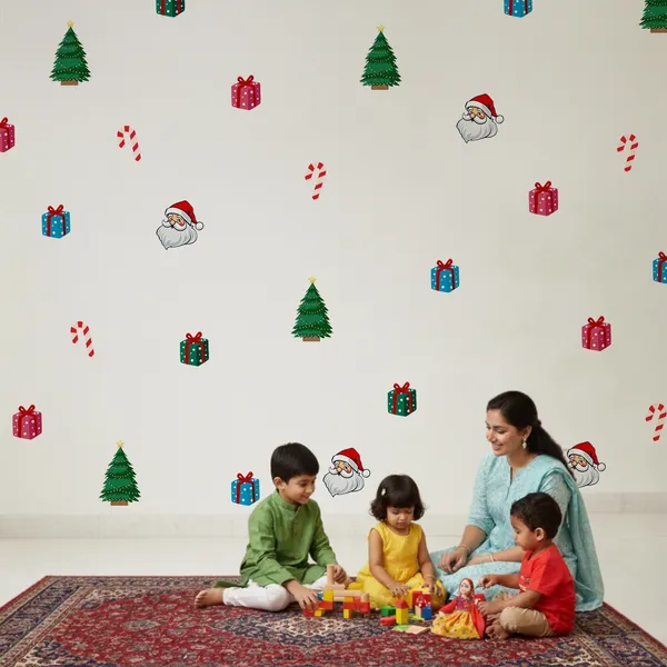 StickMe_Christmas_Trees,_Santa,_Gifts_Pattern_Wall_Sticker_Home_Decor_Decals_|_Minimal_Festive_D�cor_|_Premium_Large_|_Set_of_63_Stickers_|_Apt_for_10_x_10_ft_wall