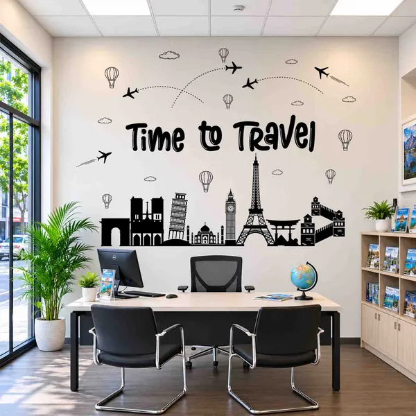 Time_to_Travel_World_Landmark_Wall_Sticker_|_Travel_Theme_Wall_Decor_for_Office_&_Home|Premium_Extra_Large_-_220_cm_X_175_cm