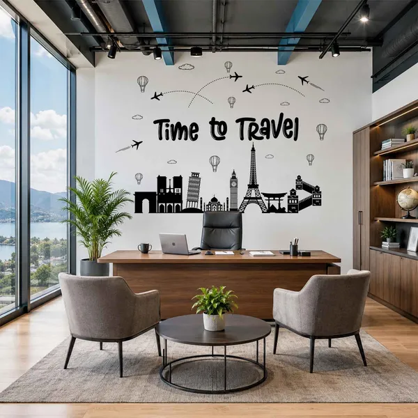Time_to_Travel_World_Landmark_Wall_Sticker_|_Travel_Theme_Wall_Decor_for_Office_&_Home|Premium_Extra_Large_-_220_cm_X_175_cm