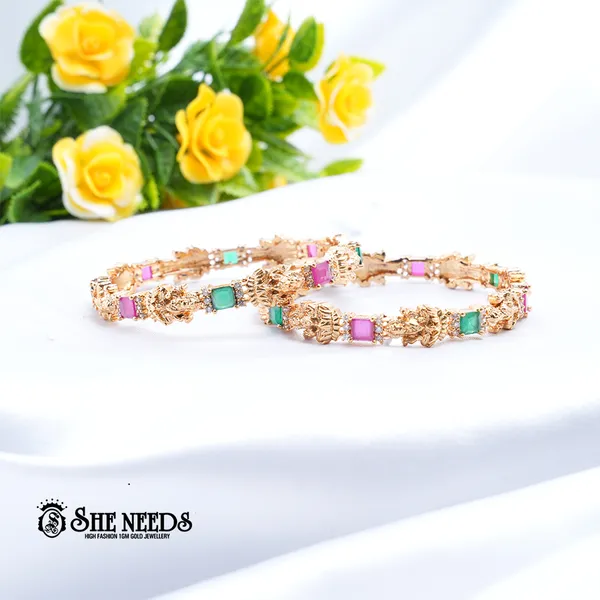 Green_&_Pink_Brass_Premium_&_elegant_Gold_Plated__Bangles_For_Women_(Set_Of_2)