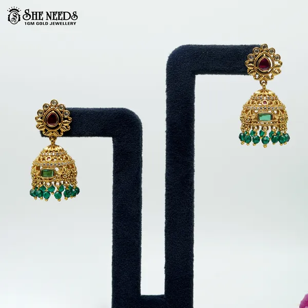 Green_Traditional_Gold_Plated_Jhumkas_For_Women