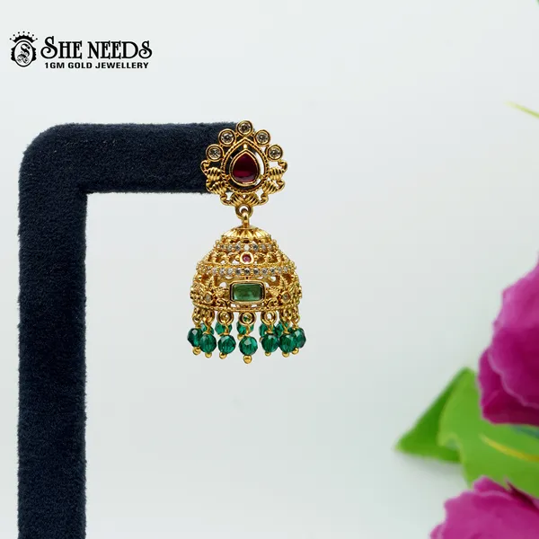 Green_Traditional_Gold_Plated_Jhumkas_For_Women