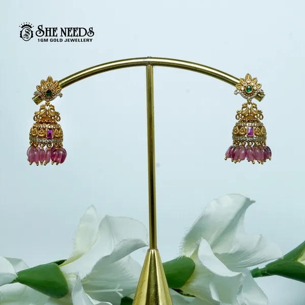 Pink_Gold_Plated__Beads_Traditional_Jhumkas_For_Women