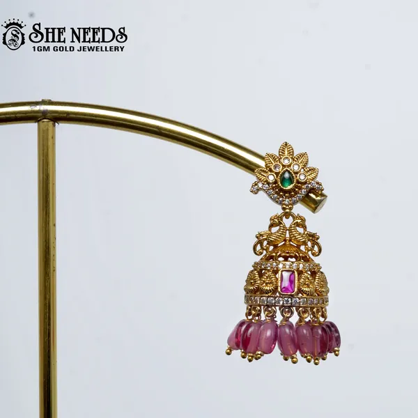 Pink_Gold_Plated__Beads_Traditional_Jhumkas_For_Women