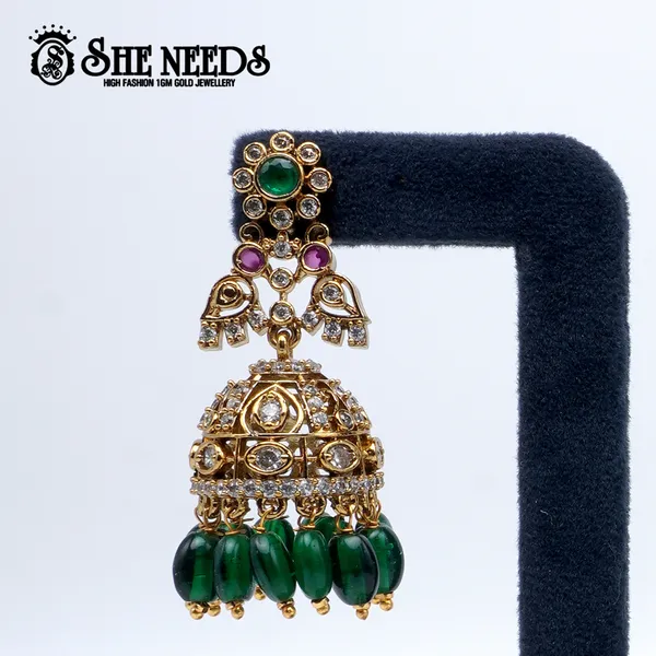 Green_Gold_Plated_Traditional_Bead_Jhumkas_For_Women