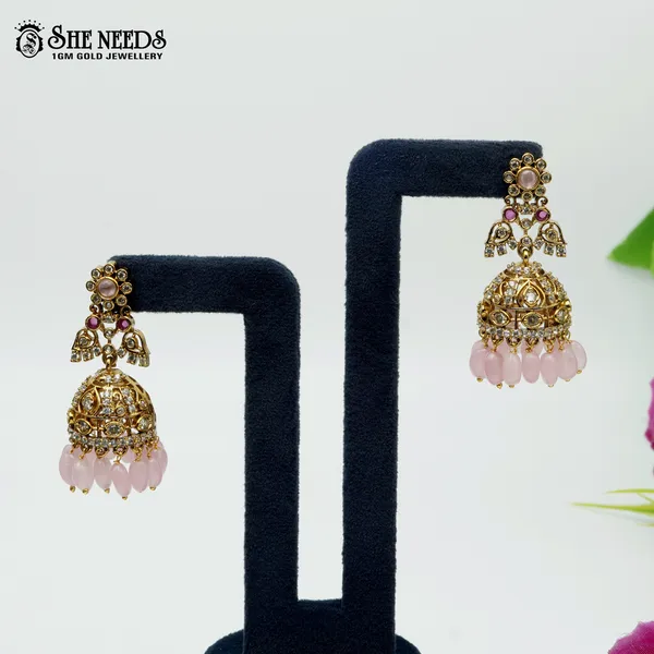 Light_Pink_Gold_Plated_Traditional_Bead_Jhumkas_For_Women