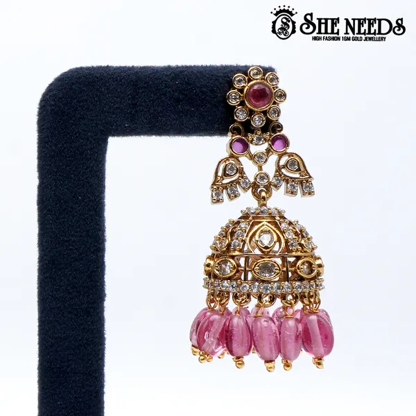 Pink_Gold_Plated_Traditional_Bead_Jhumkas_For_Women