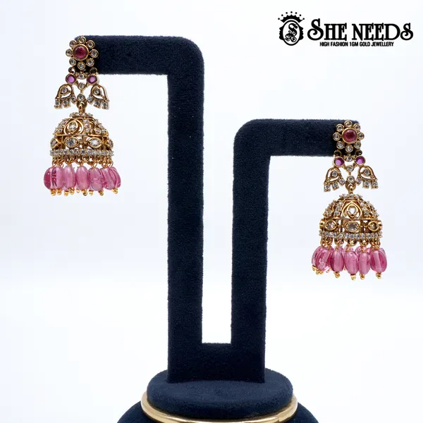 Pink_Gold_Plated_Traditional_Bead_Jhumkas_For_Women