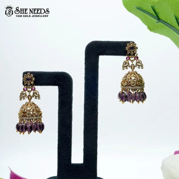 Purple_Gold_Plated_Traditional_Bead_Jhumkas_For_Women