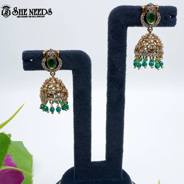Green_Gold_Plated_Oval_Stone_Temple_Jhumka_For_Women