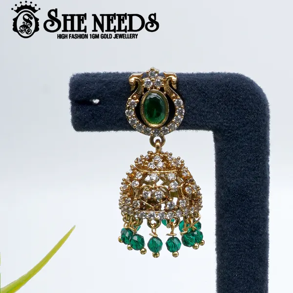 Green_Gold_Plated_Oval_Stone_Temple_Jhumka_For_Women