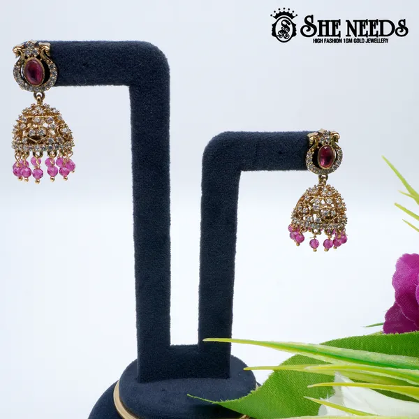 Pink_Oval_Stone_Temple_Jhumka_For_Women