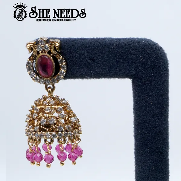Pink_Oval_Stone_Temple_Jhumka_For_Women
