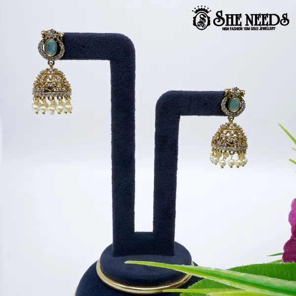 White_Gold_PlatedOval_Stone_Temple_Jhumka_For_Women