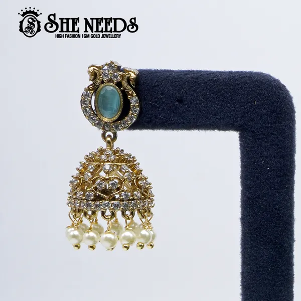 White_Gold_PlatedOval_Stone_Temple_Jhumka_For_Women