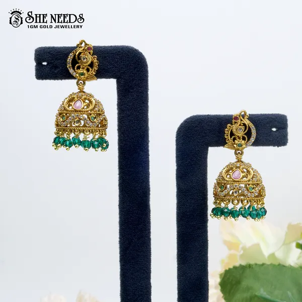 Green_Peacock_Motif_Temple_Jhumka_For_Women