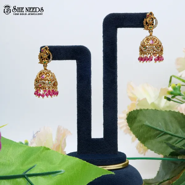 Pink_Gold_Plated_Peacock_Motif_Temple_Jhumka_For_Women