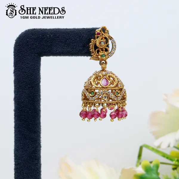 Pink_Gold_Plated_Peacock_Motif_Temple_Jhumka_For_Women