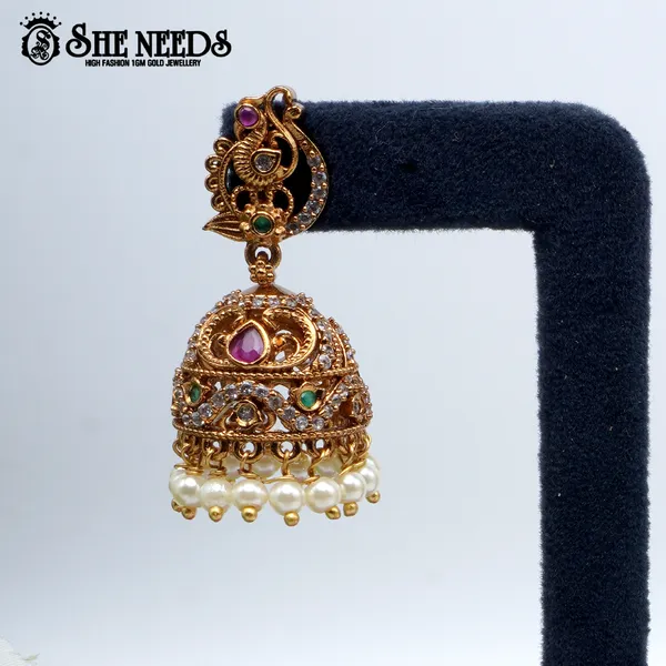 White_Gold_Plated_Peacock_Motif_Temple_Jhumka_For_Women