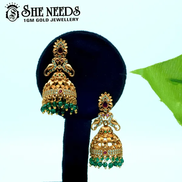 Green_Gold_Plated_Antique_Finish_Temple_Jhumka_For_Women