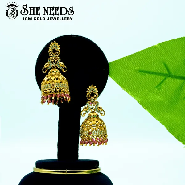 Pink_Antique_Finish_Temple_Jhumka_For_Women