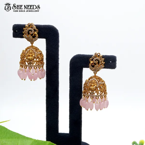 Pink_Gold_Plated_Gold_Temple_Jhumkas_For_Women