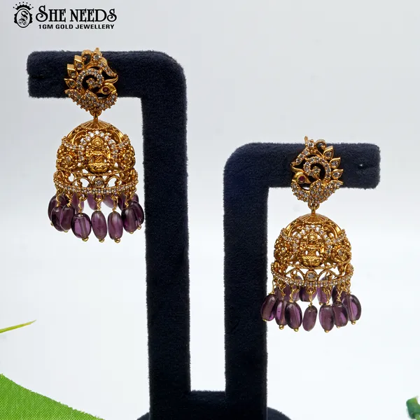 Purple_Gold_Plated_Gold_Temple_Jhumkas_For_Women