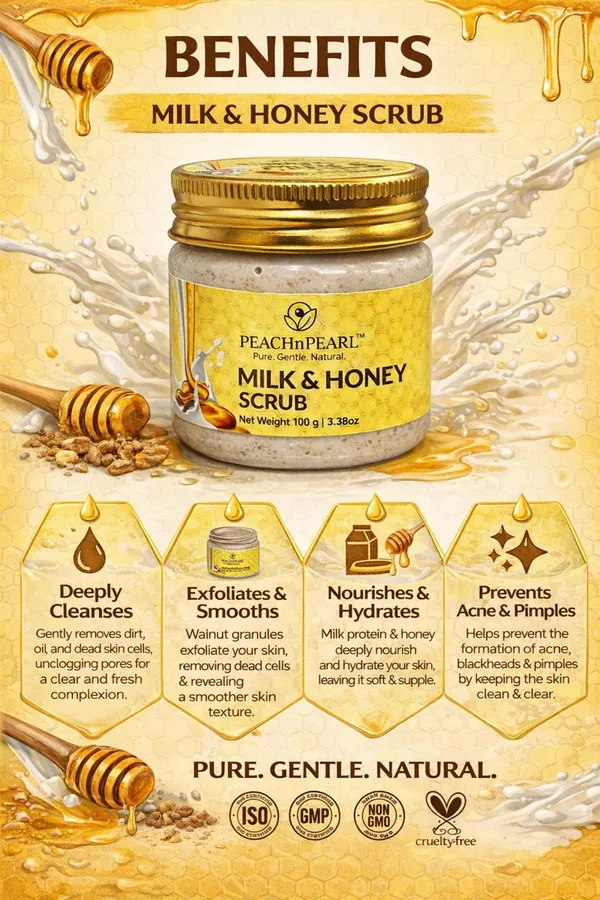 PEACHnPEARL™_Milk_&_Honey_Scrub_|_Gentle_Exfoliating_Face_&_Body_Scrub_with_Walnut_Granules_|_Deep_Cleansing_&_Hydrating_|_For_All_Skin_Types_|_100_g_
