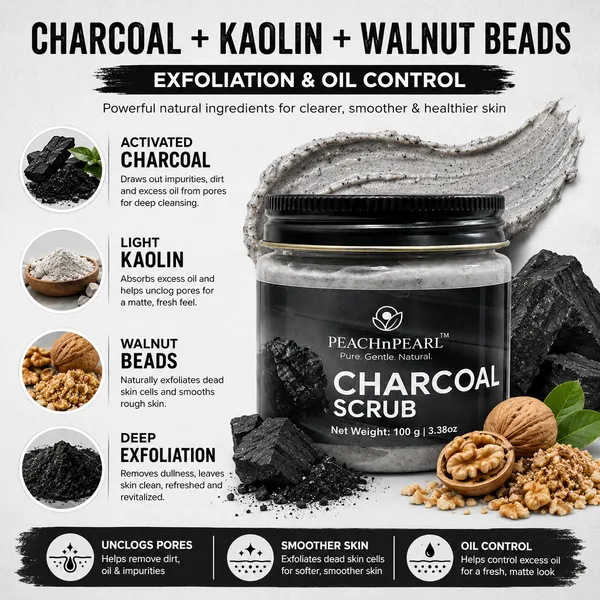 PEACHnPEARL™_Charcoal_Face_Scrub_|_Deep_Cleansing_&_Gentle_Exfoliation_|_With_Activated_Charcoal,_Walnut_Beads_&_Aloe_Vera_|_For_Men_&_Women_|_All_Skin_Types_|_100_g