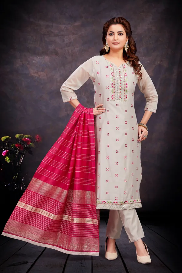 Rani_Chanderi_Silk_Kurta,_Pant_&_Dupatta_Set_For_Women_&_Girls