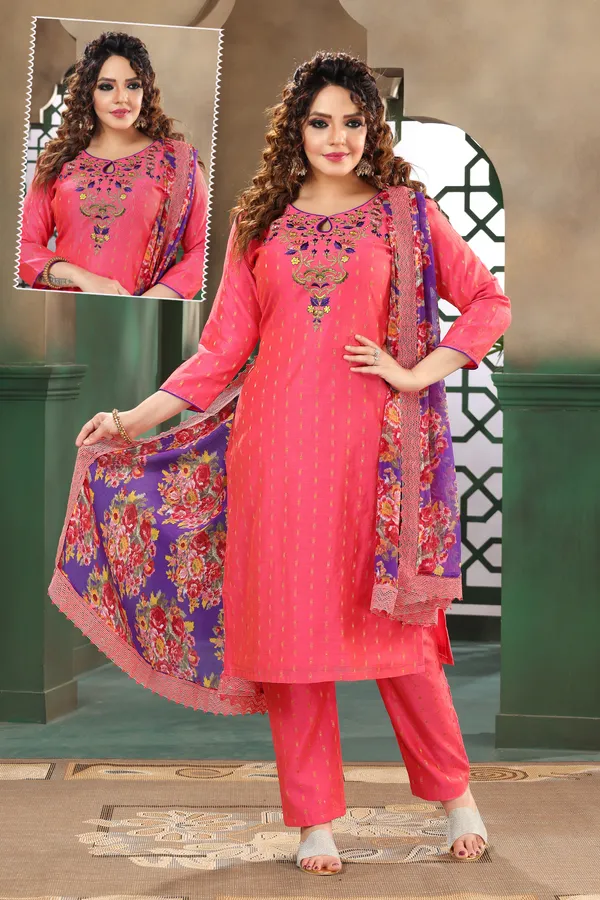 Dark_Pink_Chanderi_Buti_Kurta,_Pant_&_Dupatta_Set_For_Women_&_Girls