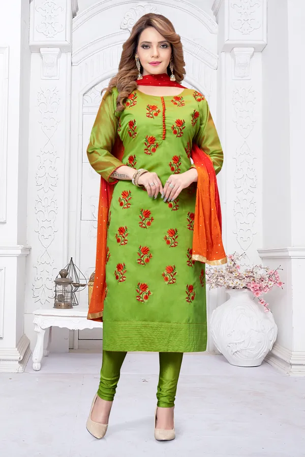 Pista_Chanderi_Silk_Kurta,_Pant_&_Dupatta_Set_For_Women_&_Girls