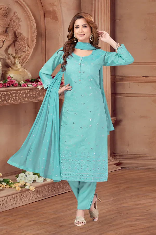 Firozi_Chanderi_Silk_Kurta,_Pant_&_Dupatta_Set_For_Women_&_Girls