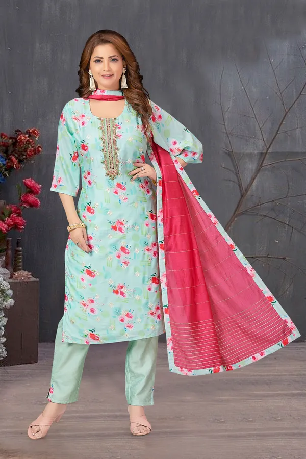 Green_Chanderi_Silk_Kurta,_Pant_&_Dupatta_Set_For_Women_&_Girls