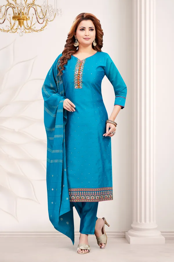 Blue_Chanderi_Silk_Kurta,_Pant_&_Dupatta_Set_For_Women_&_Girls