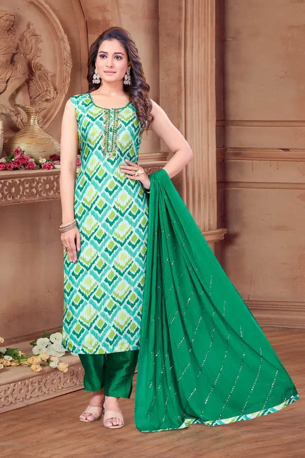 Green_Chanderi_Silk_Kurta,_Pant_&_Dupatta_Set_For_Women_&_Girls