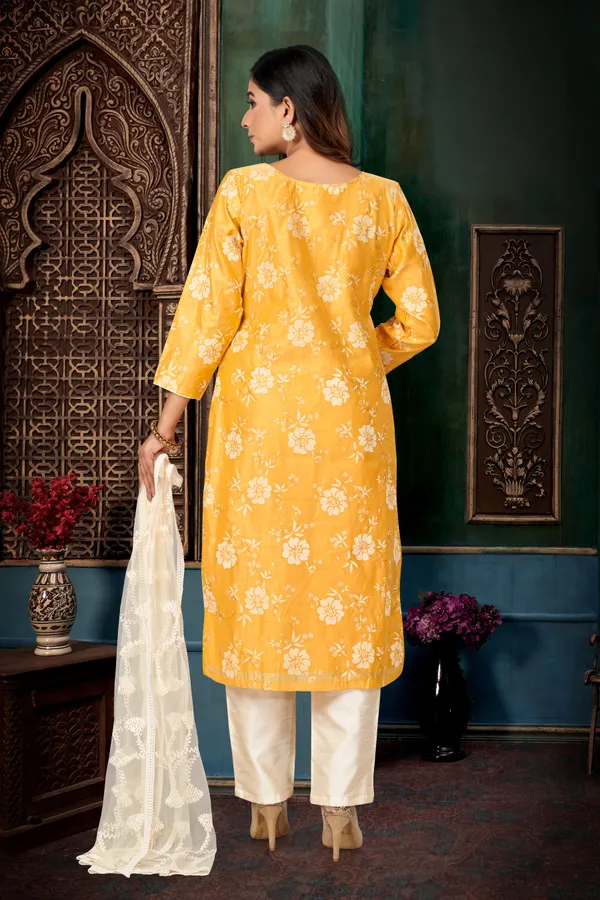 Yellow_Chanderi_Silk_Kurta,_Pant_&_Dupatta_Set_For_Women_&_Girls