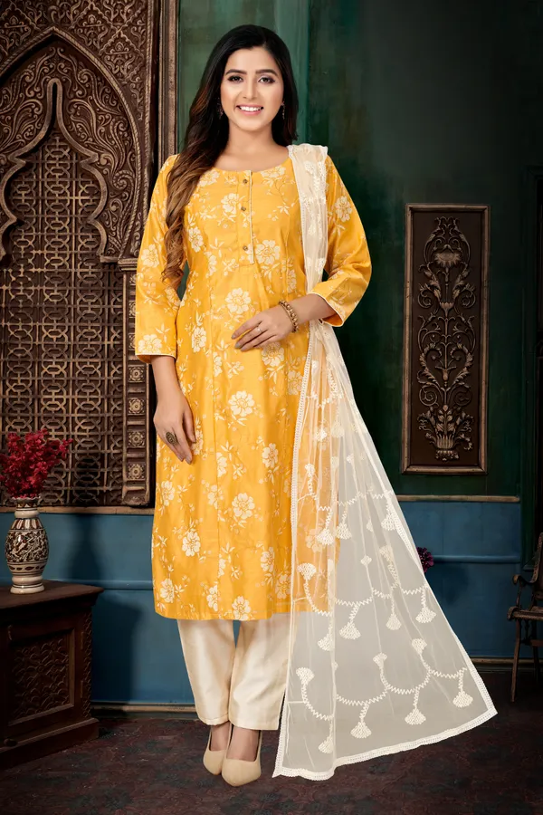 Yellow_Chanderi_Silk_Kurta,_Pant_&_Dupatta_Set_For_Women_&_Girls