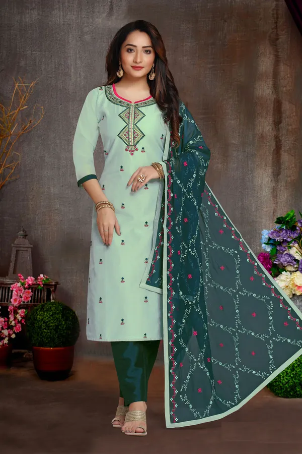Pista_Chanderi_Silk_Kurta,_Pant_&_Dupatta_Set_For_Women_&_Girls