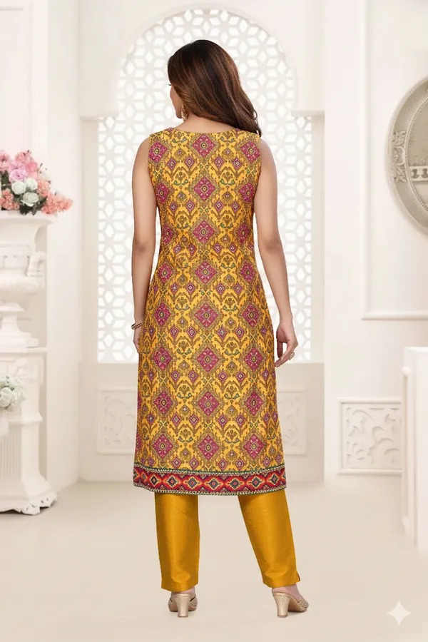 Golden_Chanderi_Silk_Kurta,_Pant_&_Dupatta_Set_For_Women_&_Girls
