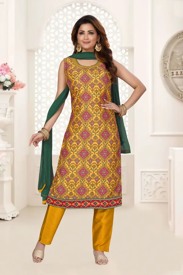 Golden_Chanderi_Silk_Kurta,_Pant_&_Dupatta_Set_For_Women_&_Girls