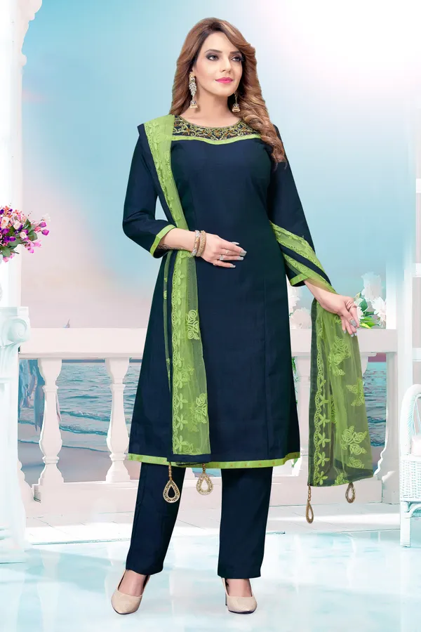 Blue_Banglori_Silk_Kurta,_Pant_&_Dupatta_Set_For_Women_&_Girls