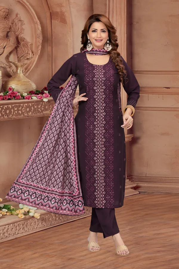 Wine_Chanderi_Silk_Kurta,_Pant_&_Dupatta_Set_For_Women_&_Girls