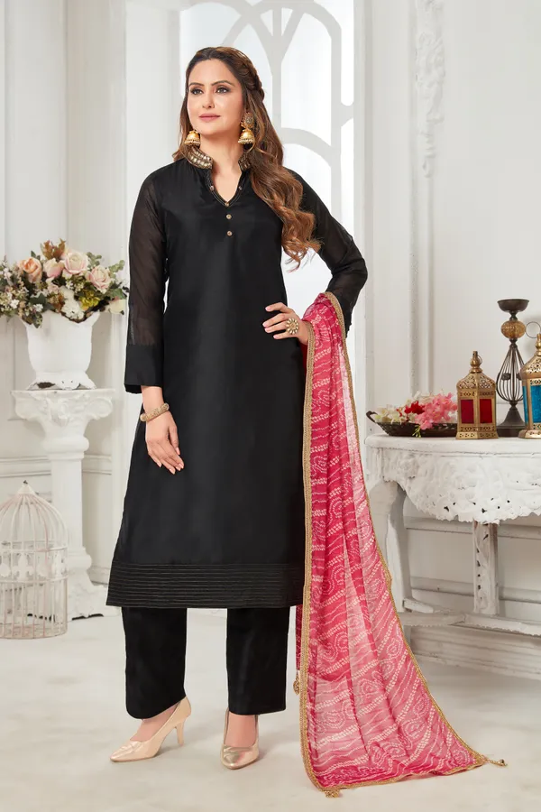 Black_Chanderi_Silk_Kurta,_Pant_&_Dupatta_Set_For_Women_&_Girls