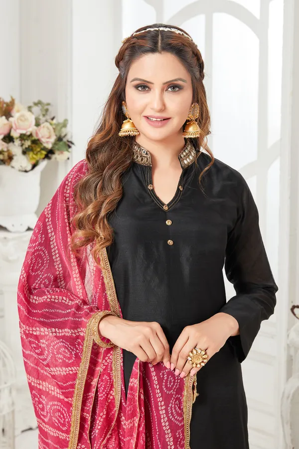 Black_Chanderi_Silk_Kurta,_Pant_&_Dupatta_Set_For_Women_&_Girls
