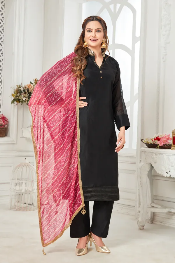 Black_Chanderi_Silk_Kurta,_Pant_&_Dupatta_Set_For_Women_&_Girls