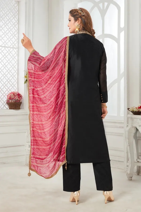 Black_Chanderi_Silk_Kurta,_Pant_&_Dupatta_Set_For_Women_&_Girls