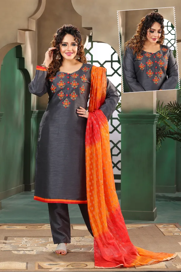 Grey_Banglori_Silk_Kurta,_Pant_&_Dupatta_Set_For_Women_&_Girls